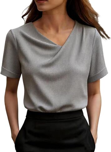 Womens Waffle Knit Tops Summer Short Sleeve Cowl Neck Blouses for Women Casual Dressy Trendy Elegant Office Blouse in Kuwait