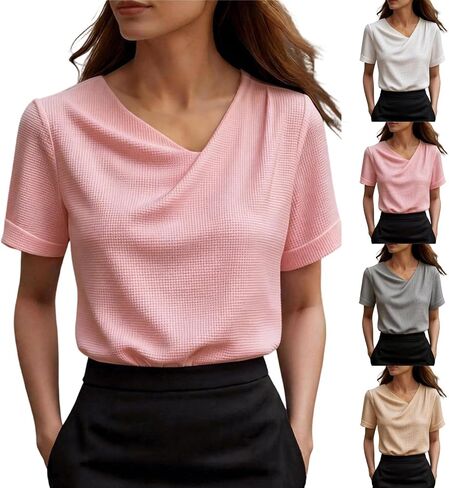 Womens Waffle Knit Tops Summer Short Sleeve Cowl Neck Blouses for Women Casual Dressy Trendy Elegant Office Blouse in Kuwait