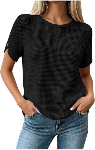 Short Sleeve Waffle Knit Tops for Women Summer Tops 2026 Casual Dressy Crewneck Basic Solid Shirt Shirts Blouse in Kuwait