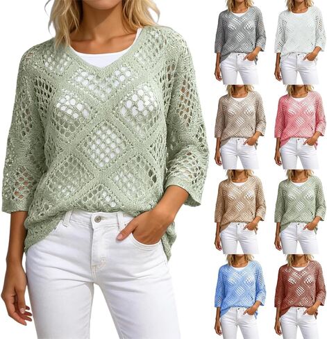 Aniywn Women 3/4 Sleeve Tops Summer Casual Hollow Out Beach Crochet Cover Ups V Neck Lightweight Pullover Sweater Shirts in Saudi Arabia
