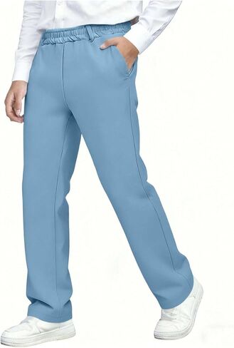 Boys Uniform Pants Straight Leg Slim Fit Dress Pant Pull on Elastic Waist Long Sweatpants Kids School Clothes in Kuwait