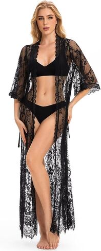 COSYOU Women's Sheer Lace Robe Kimono Lace Duster for Jeans Cardigan Bell Sleeve Bridal Lingerie Maternity Photoshoot Dress in Saudi Arabia