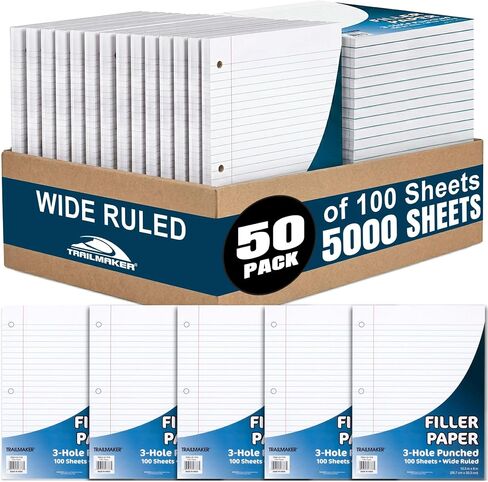 50 Pack Bulk Binder Paper Wide Ruled, 3 Hole Punched Loose Leaf Binder Paper Bulk - 100 Sheets (200 Double-Sided Pages) in Saudi Arabia
