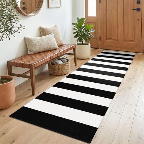 KOZYFLY Black White Striped Runner Rug 2x6 ft Woven Washable Hallway Runner Cotton Farmhouse Kitchen Rug for Entryway Porch Patio Laundry Room in Kuwait