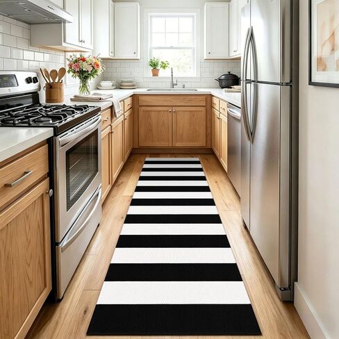 KOZYFLY Black White Striped Runner Rug 2x6 ft Woven Washable Hallway Runner Cotton Farmhouse Kitchen Rug for Entryway Porch Patio Laundry Room in Kuwait