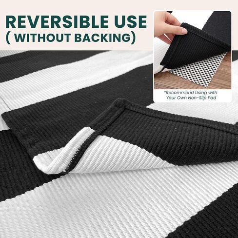 KOZYFLY Black White Striped Runner Rug 2x6 ft Woven Washable Hallway Runner Cotton Farmhouse Kitchen Rug for Entryway Porch Patio Laundry Room in Kuwait