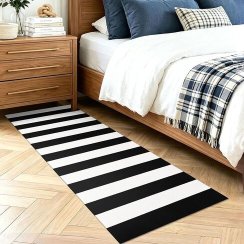 KOZYFLY Black White Striped Runner Rug 2x6 ft Woven Washable Hallway Runner Cotton Farmhouse Kitchen Rug for Entryway Porch Patio Laundry Room in Kuwait