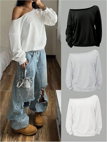 SOLY HUX Women's Off The Shoulder Oversized Sweatshirts 3 Packs Long Sleeve Shirts Pullover Streetwear Tops in Kuwait