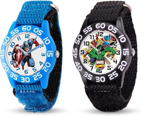 Marvel Superhero 2-Pack Watch Set for Kids Ages 4–7 – Featuring Captain America Shield and Hulk Dial Designs – Blue and Black Bezels with Matching Nylon Straps – GET 2 Mystery Bonus Watches in Kuwait