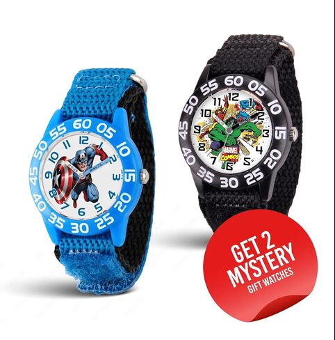 Marvel Superhero 2-Pack Watch Set for Kids Ages 4–7 – Featuring Captain America Shield and Hulk Dial Designs – Blue and Black Bezels with Matching Nylon Straps – GET 2 Mystery Bonus Watches in Kuwait