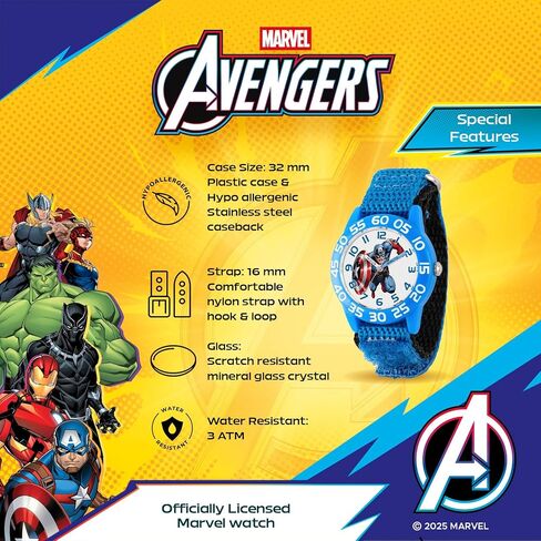 Marvel Superhero 2-Pack Watch Set for Kids Ages 4–7 – Featuring Captain America Shield and Hulk Dial Designs – Blue and Black Bezels with Matching Nylon Straps – GET 2 Mystery Bonus Watches in Kuwait