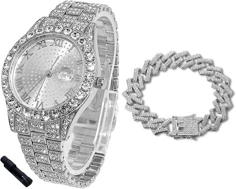 Halukakah Diamonds Watch Iced Out for Boy Teens - 18K Real Gold/Platinum Plated - 42mm Round Dial - 8" Length - Optional with Cuban Link Chain, with Adjuster Tool - Goldfoil Giftbox in Kuwait