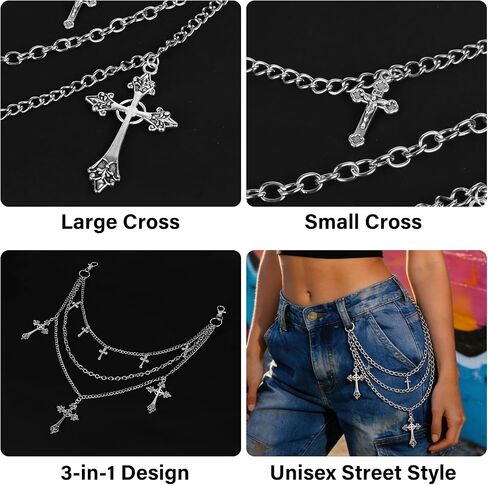Pants Chain Waist Chain, 3 Layered Silver Cross Punk Chain Belt, Hiphop Gothic Jeans Chain Streetwear Accessories in Saudi Arabia