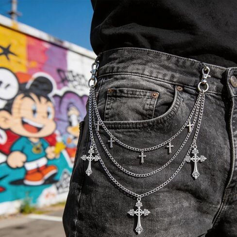Pants Chain Waist Chain, 3 Layered Silver Cross Punk Chain Belt, Hiphop Gothic Jeans Chain Streetwear Accessories in Saudi Arabia