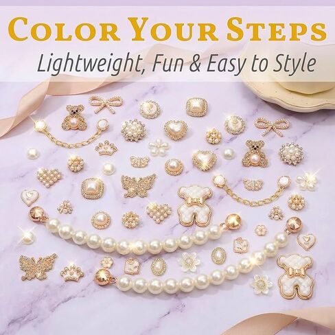 50 Pcs Shoe Charms Set Pearl, Butterfly, Bow,Flower & Chain Shoe Charm Decorations for Clogs Cute Shoes Charms Accessories for Women & Girls Gift in Kuwait