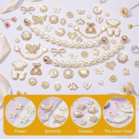 50 Pcs Shoe Charms Set Pearl, Butterfly, Bow,Flower & Chain Shoe Charm Decorations for Clogs Cute Shoes Charms Accessories for Women & Girls Gift in Kuwait
