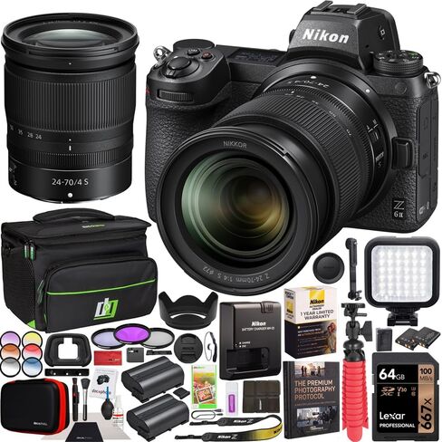 Nikon Z6II Mirrorless Camera Body + NIKKOR Z 24-70mm f/4 S Lens Kit 1663 FX-Format Full-Frame 4K UHD Bundle with FTZ Mount Adapter + Deco Gear Backpack Case + LED + 64GB CFexpress Card & Accessories in Saudi Arabia