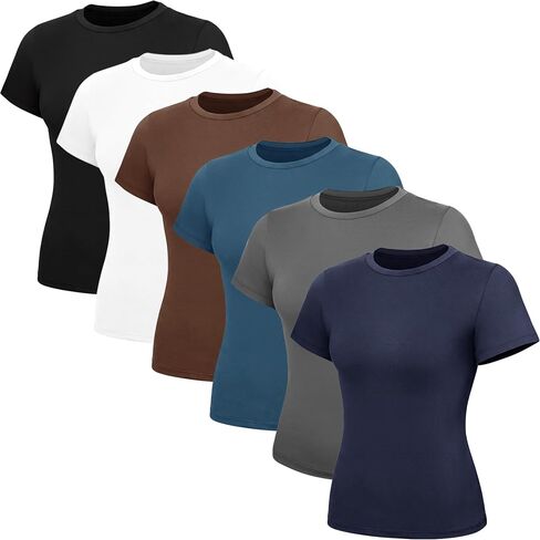 TNNZEET 6 Pack Womens Shirts - Short Sleeve Slim Fit Tight Crop Tops Spring Summer Clothes Basic Tees for Workout Gym Casual in Saudi Arabia