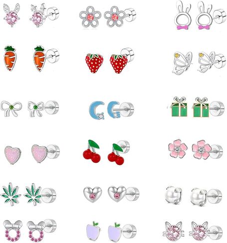 18 Pairs Hypoallergenic Screw Back Earrings for Girls Women Teen Jewelry Gift,Stainless Steel Butterfly Flower Moon Leaf Heart Screwback Flat Back Stud Earring for Sensitive Ears Kids Little Girl Comfort Earrings Sets for Sleeping (18 Pairs Screw Back Stu in Saudi Arabia