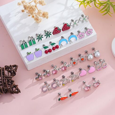 18 Pairs Hypoallergenic Screw Back Earrings for Girls Women Teen Jewelry Gift,Stainless Steel Butterfly Flower Moon Leaf Heart Screwback Flat Back Stud Earring for Sensitive Ears Kids Little Girl Comfort Earrings Sets for Sleeping (18 Pairs Screw Back Stu in Saudi Arabia