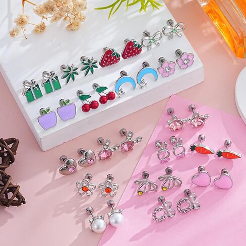18 Pairs Hypoallergenic Screw Back Earrings for Girls Women Teen Jewelry Gift,Stainless Steel Butterfly Flower Moon Leaf Heart Screwback Flat Back Stud Earring for Sensitive Ears Kids Little Girl Comfort Earrings Sets for Sleeping (18 Pairs Screw Back Stu in Saudi Arabia