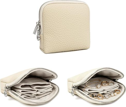 DORIS&JACKY Genuine Leather Small Travel Jewelry Case, Portable Jewelry Organizer Storage Bag Jewelry Pouch Bags with Zipper for Bracelet, Necklace, Rings (2-Off White) in Kuwait