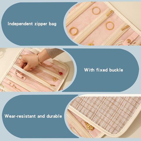 Travel Jewelry Case with Zipper Pockets, Hanging Roll Foldable Jewelry Organizer Bag for Journey, Portable Anti-Tangle Storage Roll for Earrings, Rings, Necklaces, Bracelets, Brooches in Saudi Arabia