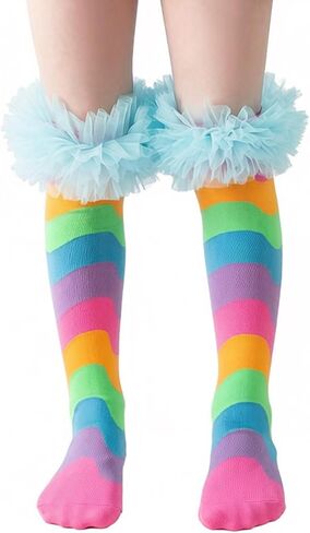 Girls Knee High Rainbow Socks with Lace Funky Colorful Stripe Socks for Kids Women Cute Funny Crazy Sock for Gifts in Saudi Arabia