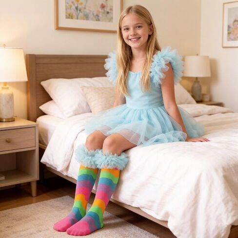 Girls Knee High Rainbow Socks with Lace Funky Colorful Stripe Socks for Kids Women Cute Funny Crazy Sock for Gifts in Saudi Arabia