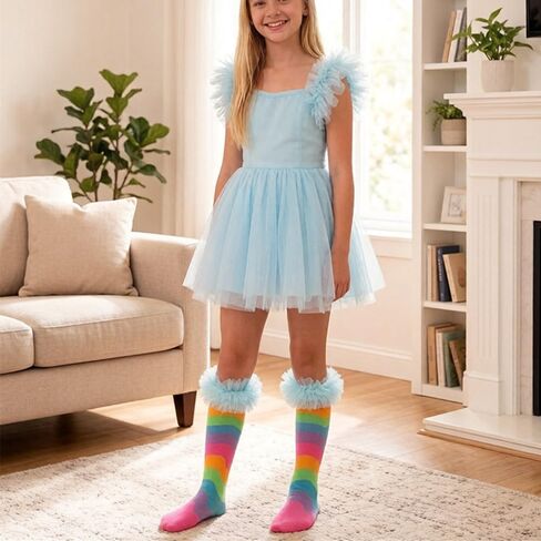 Girls Knee High Rainbow Socks with Lace Funky Colorful Stripe Socks for Kids Women Cute Funny Crazy Sock for Gifts in Saudi Arabia