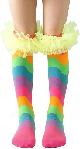Girls Knee High Rainbow Socks with Lace Funky Colorful Stripe Socks for Kids Women Cute Funny Crazy Sock for Gifts in Saudi Arabia