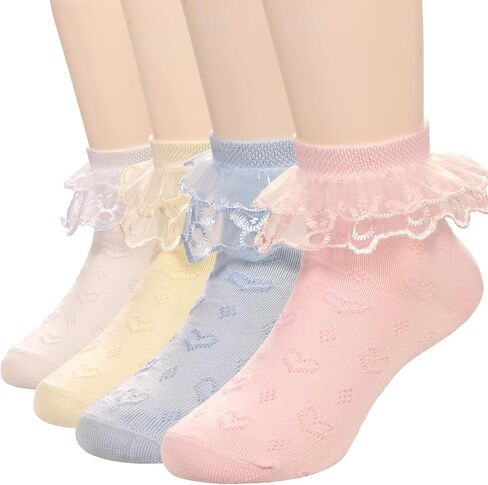 4 Pairs Girls Lace Ruffled Socks Soft Cotton Frilly Eyelet Mesh Princess Dress Socks for Toddler Girl School Church in Saudi Arabia