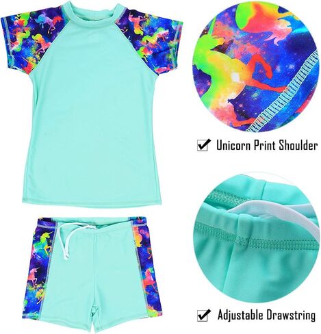 DUSISHIDAN Unisex Kids Two Piece Swimsuits Unicorn Print Short Sleeve 2-Piece Rash Guard Set with UV Protection in Saudi Arabia