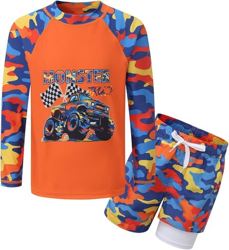 Boys Swim Set, Rash Guard Swimsuits Set Long Sleeve Bathing Suit with Compression Liner Swim Trunks Swimwear 3-16 Years in Saudi Arabia