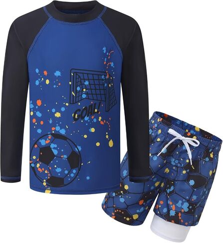 Boys Swim Set, Rash Guard Swimsuits Set Long Sleeve Bathing Suit with Compression Liner Swim Trunks Swimwear 3-16 Years in Kuwait