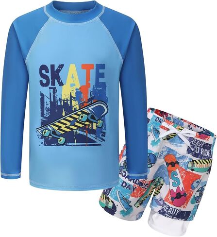 Boys Swim Set, Rash Guard Swimsuits Set Long Sleeve Bathing Suit with Compression Liner Swim Trunks Swimwear 3-16 Years in Saudi Arabia