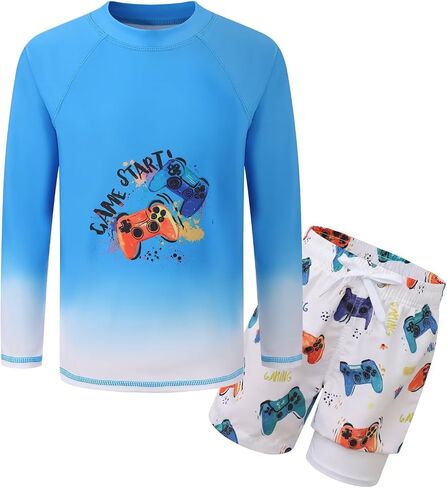 Boys Swim Set, Rash Guard Swimsuits Set Long Sleeve Bathing Suit with Compression Liner Swim Trunks Swimwear 3-16 Years in Saudi Arabia