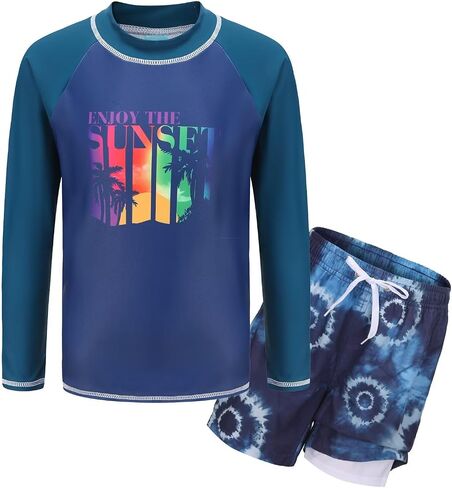 Boys Swim Set, Rash Guard Swimsuits Set Long Sleeve Bathing Suit with Compression Liner Swim Trunks Swimwear 3-16 Years in Saudi Arabia