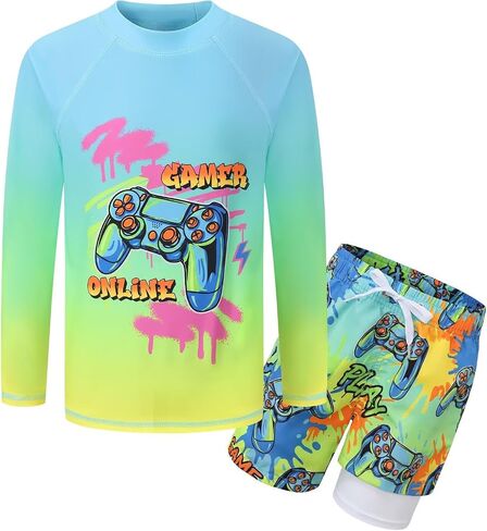 Boys Swim Set, Rash Guard Swimsuits Set Long Sleeve Bathing Suit with Compression Liner Swim Trunks Swimwear 3-16 Years in Saudi Arabia