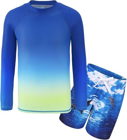 Boys Swim Set, Rash Guard Swimsuits Set Long Sleeve Bathing Suit with Compression Liner Swim Trunks Swimwear 3-16 Years in Saudi Arabia