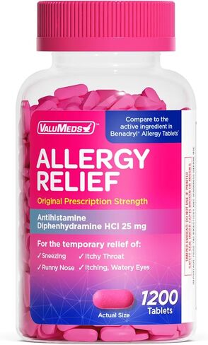 ValuMeds Allergy Medicine Antihistamine, Diphenhydramine HCl 25 mg | Children and Adults | Relieve Itchy Eyes, Runny Nose, Sneezing (25 mg, 600 Count) in Kuwait