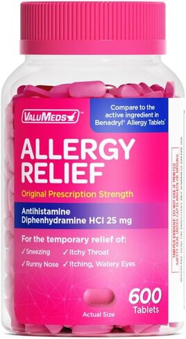 ValuMeds Allergy Medicine Antihistamine, Diphenhydramine HCl 25 mg | Children and Adults | Relieve Itchy Eyes, Runny Nose, Sneezing (25 mg, 600 Count) in Saudi Arabia