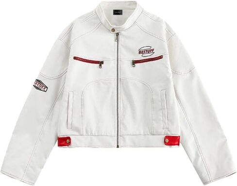 Women’s Cropped Moto Biker Jacket PU Leather Short Racing Coat with Stand Collar, Zip Pockets in Saudi Arabia