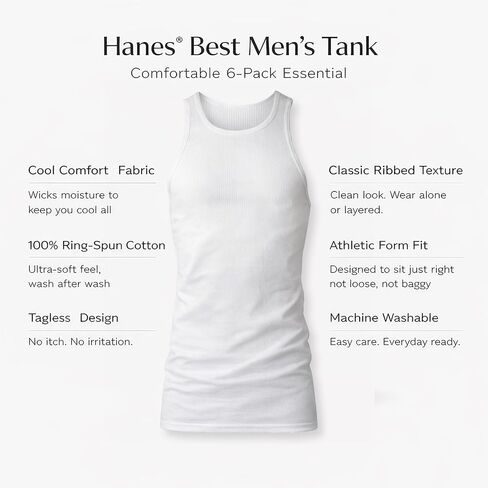 مجموعة قمصان داخلية بدون أكمام للرجال من Hanes، قمصان مضلعة من القطن ماصة للرطوبة للرجال، عبوات متعددة، أبيض أو أسود/رمادي - أبيض - 6 قطع in Kuwait