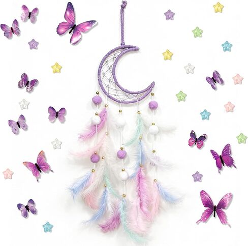Dream Catcher Wall Hanging, Purple Boho Dreamcatcher Set with 12 Butterflies & 18 Stars - Peel and Stick Wall Decals for Bedroom, Girl's Room Decor, Birthday in Kuwait