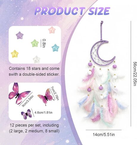 Dream Catcher Wall Hanging, Purple Boho Dreamcatcher Set with 12 Butterflies & 18 Stars - Peel and Stick Wall Decals for Bedroom, Girl's Room Decor, Birthday in Kuwait