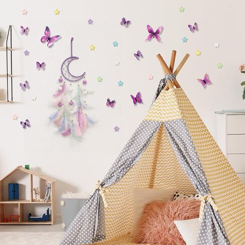 Dream Catcher Wall Hanging, Purple Boho Dreamcatcher Set with 12 Butterflies & 18 Stars - Peel and Stick Wall Decals for Bedroom, Girl's Room Decor, Birthday in Kuwait