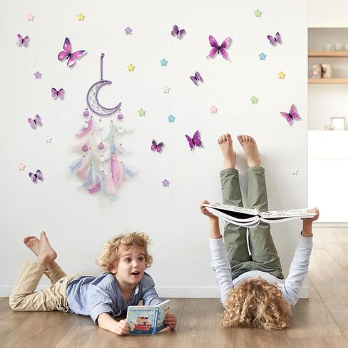 Dream Catcher Wall Hanging, Purple Boho Dreamcatcher Set with 12 Butterflies & 18 Stars - Peel and Stick Wall Decals for Bedroom, Girl's Room Decor, Birthday in Kuwait