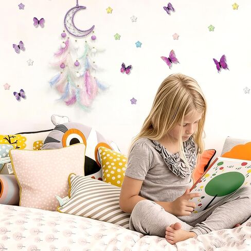 Dream Catcher Wall Hanging, Purple Boho Dreamcatcher Set with 12 Butterflies & 18 Stars - Peel and Stick Wall Decals for Bedroom, Girl's Room Decor, Birthday in Kuwait