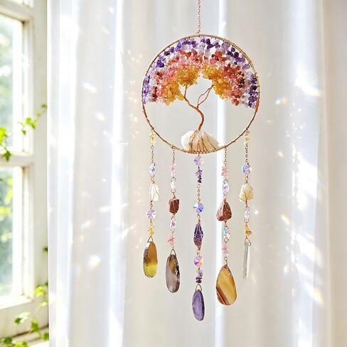 Tree of Life Dream Catcher, Boho Wall Hanging Decor for Bedroom,Living Room, Handmade Healing Crystal Stone Suncatcher Gift for Women, Mom, Birthday, Housewarming, Home Decoration (Crystal Stone) in Kuwait